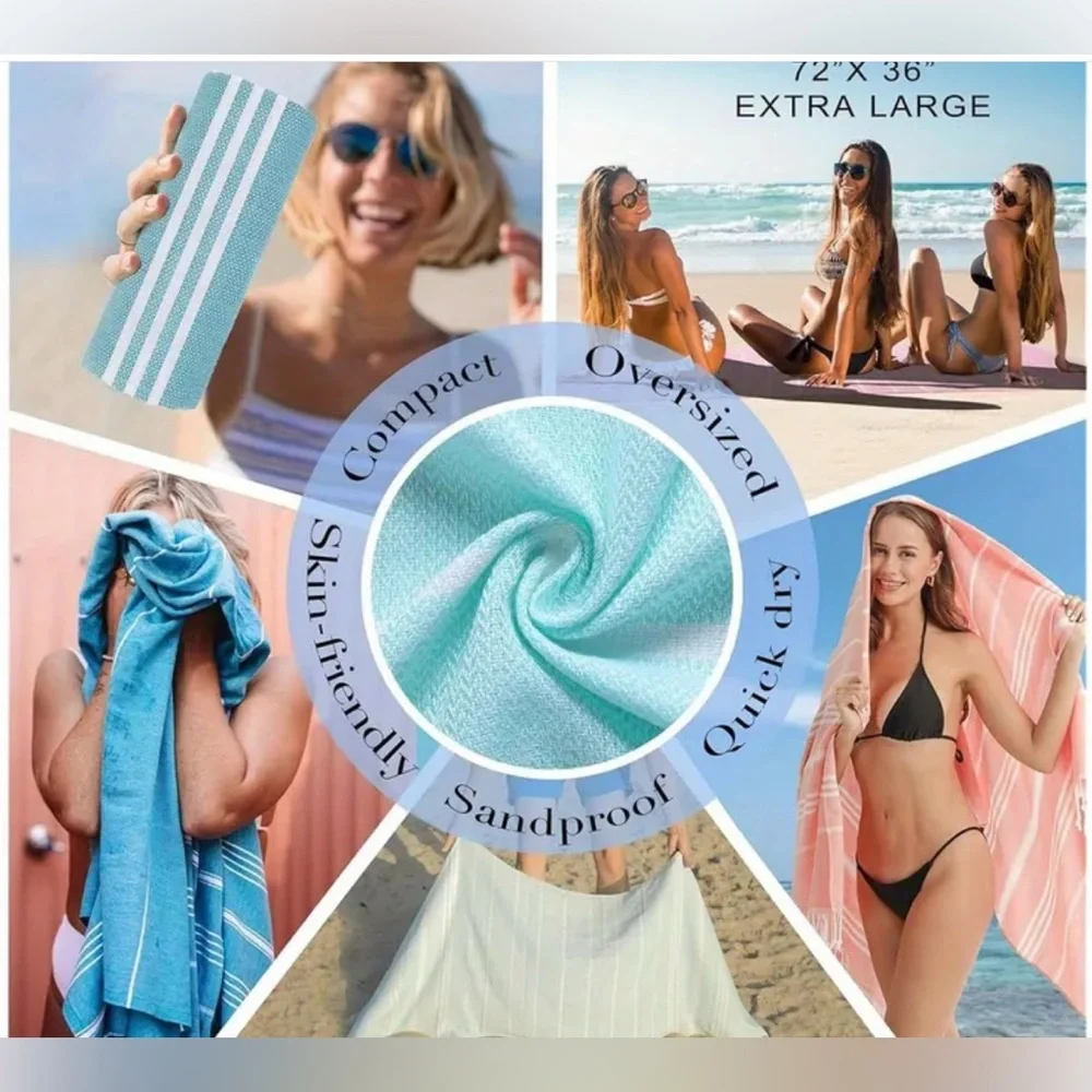 Turkish Turquoise Striped Beach Towel. 100% cotton. Large size.
